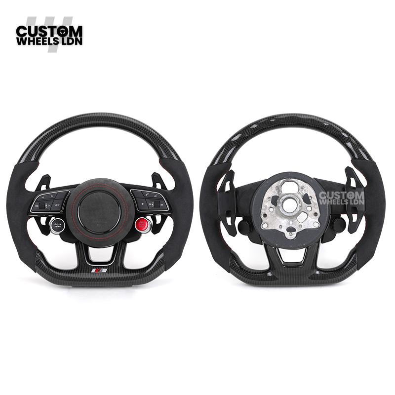 Audi Custom B9 Flat Bottom Steering Wheel – Alcantara Grip, Carbon Top & Bottom, Red Stitching, Black Paddles, Start Button | Fits A4, S4, A5, S5, Q5, SQ5, A6, A7, S6, S7 + more | Plug & Play | With Airbag | Upgrade for Older Models Available