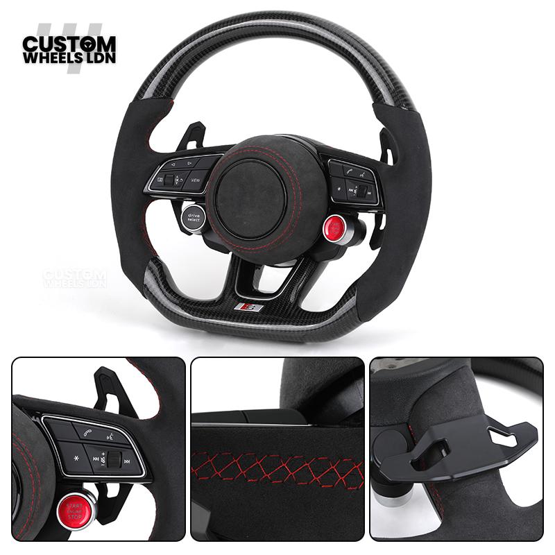 Audi Custom B9 Flat Bottom Steering Wheel – Alcantara Grip, Carbon Top & Bottom, Red Stitching, Black Paddles, Start Button | Fits A4, S4, A5, S5, Q5, SQ5, A6, A7, S6, S7 + more | Plug & Play | With Airbag | Upgrade for Older Models Available