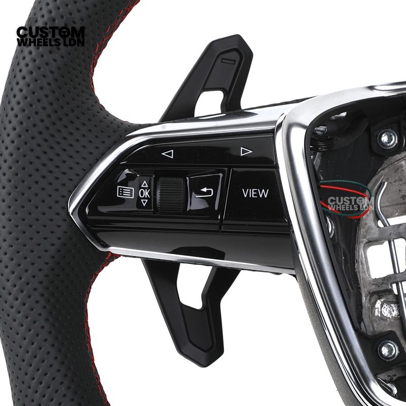 Audi Custom S-Line Flat Bottom Steering Wheel – Black Leather, Red Stitching, Urus Paddles | Fits A1, A3, S3, A4, A5, S5, Q2, Q3, Q5, SQ5 + more | Plug & Play | With Airbag