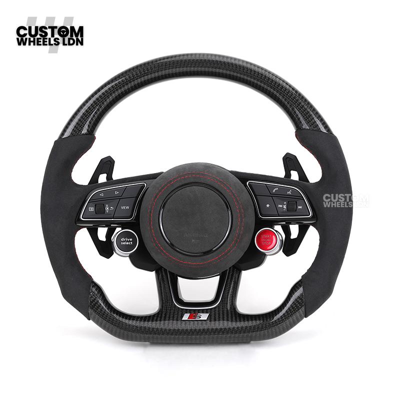 Audi Custom B9 Flat Bottom Steering Wheel – Alcantara Grip, Carbon Top & Bottom, Red Stitching, Black Paddles, Start Button | Fits A4, S4, A5, S5, Q5, SQ5, A6, A7, S6, S7 + more | Plug & Play | With Airbag | Upgrade for Older Models Available