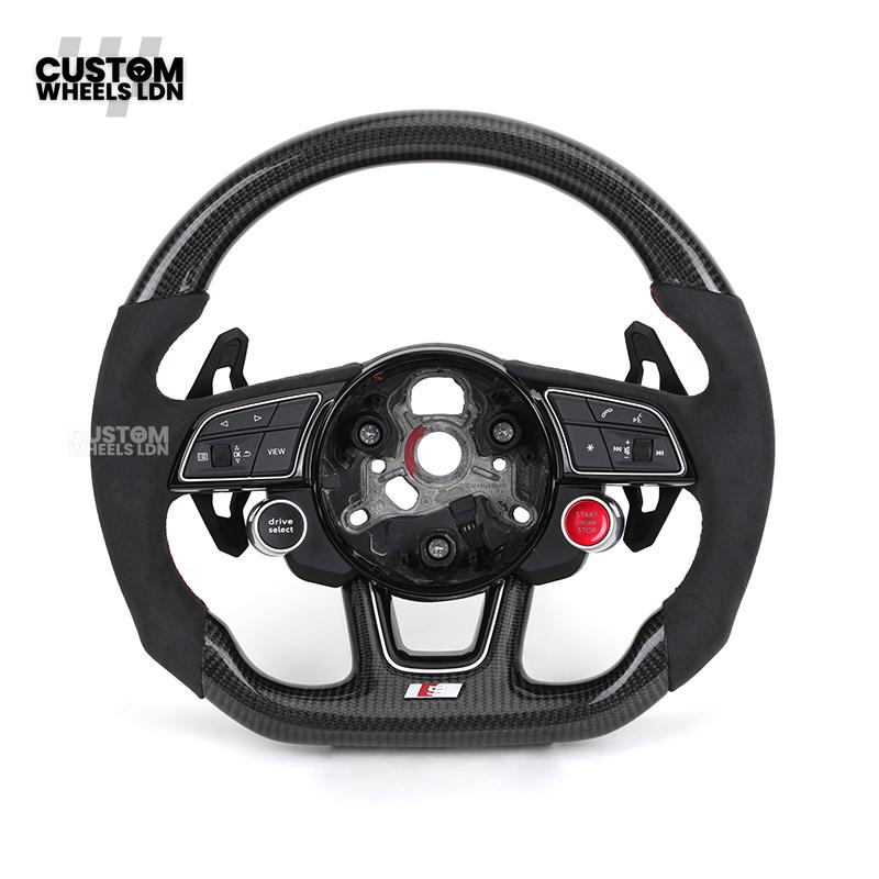 Audi Custom B9 Flat Bottom Steering Wheel – Alcantara Grip, Carbon Top & Bottom, Red Stitching, Black Paddles, Start Button | Fits A4, S4, A5, S5, Q5, SQ5, A6, A7, S6, S7 + more | Plug & Play | With Airbag | Upgrade for Older Models Available