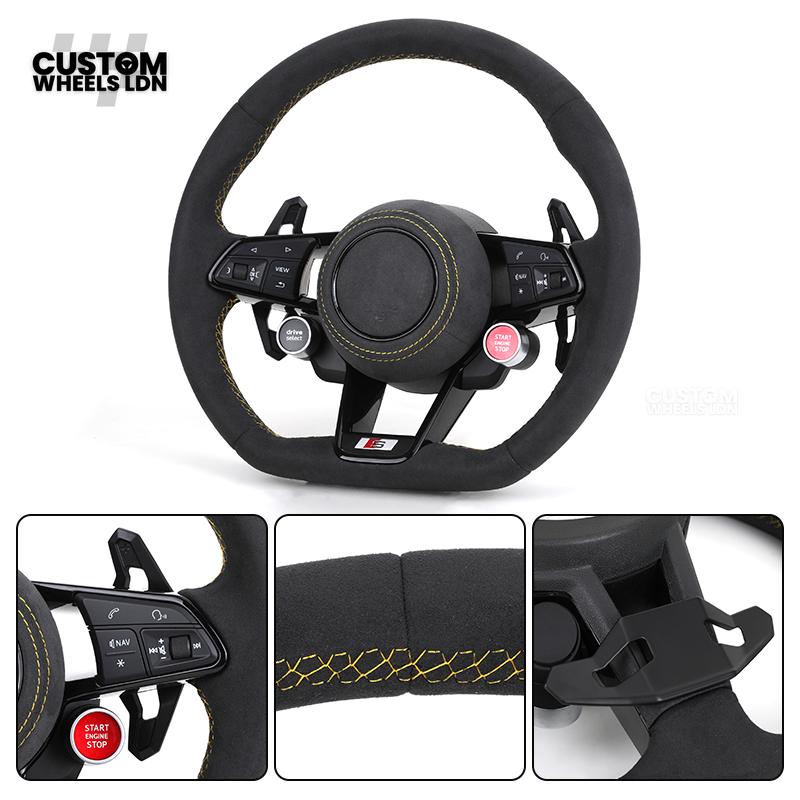 Audi Custom R8-Style Flat Bottom Steering Wheel – Alcantara Grip, Yellow Stitching, Black Paddles, Start Button | Fits A4, A5, S5, A6, A7, S6, S7, Q5, SQ5 + more | Plug & Play | With Airbag | Upgrade for Older Models Available