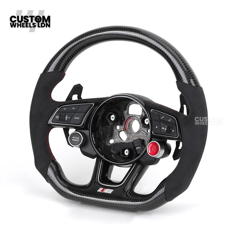 Audi Custom B9 Flat Bottom Steering Wheel – Alcantara Grip, Carbon Top & Bottom, Red Stitching, Black Paddles, Start Button | Fits A4, S4, A5, S5, Q5, SQ5, A6, A7, S6, S7 + more | Plug & Play | With Airbag | Upgrade for Older Models Available