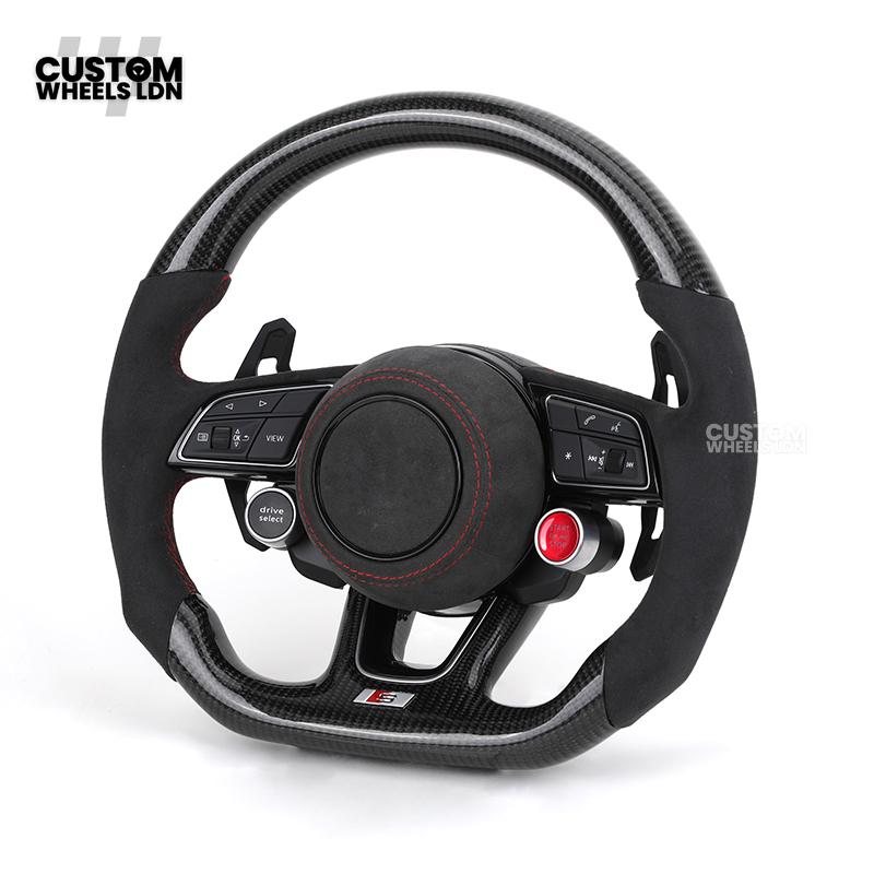 Audi Custom B9 Flat Bottom Steering Wheel – Alcantara Grip, Carbon Top & Bottom, Red Stitching, Black Paddles, Start Button | Fits A4, S4, A5, S5, Q5, SQ5, A6, A7, S6, S7 + more | Plug & Play | With Airbag | Upgrade for Older Models Available