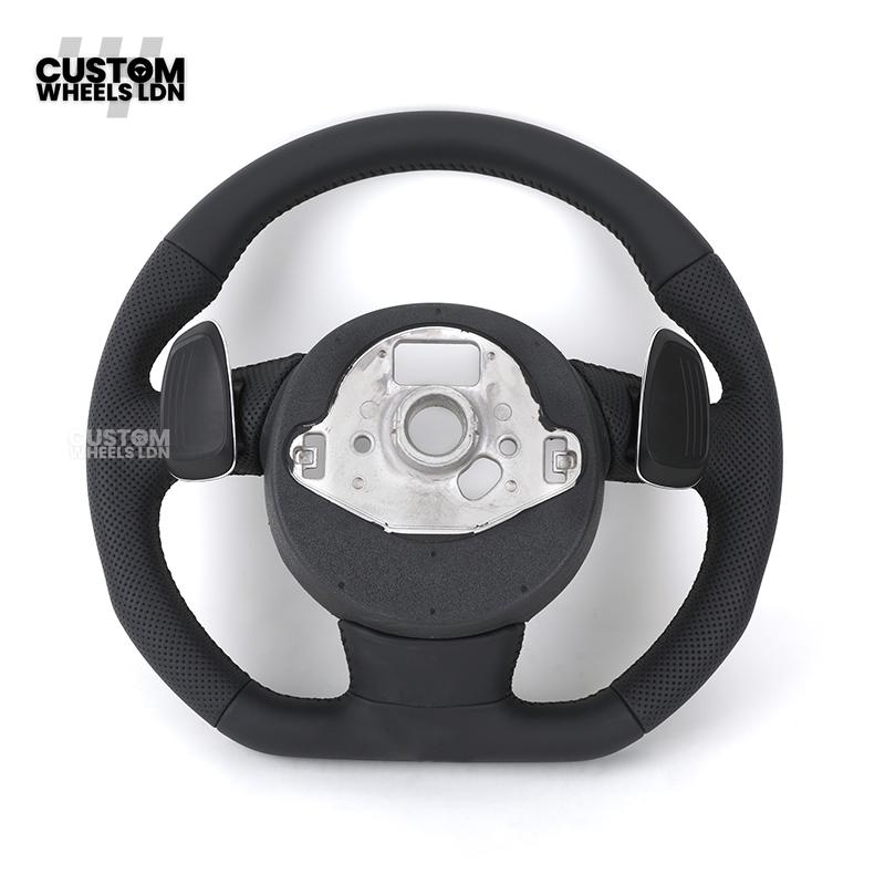 Audi Custom 8V Round Steering Wheel – Black Leather, Perforated Grips, Silver Paddles, Chrome Trim | Fits A3, S3, RS3 8V, A1, Q2, TT + more | Plug & Play | With Airbag | Upgrade for Older Models Available