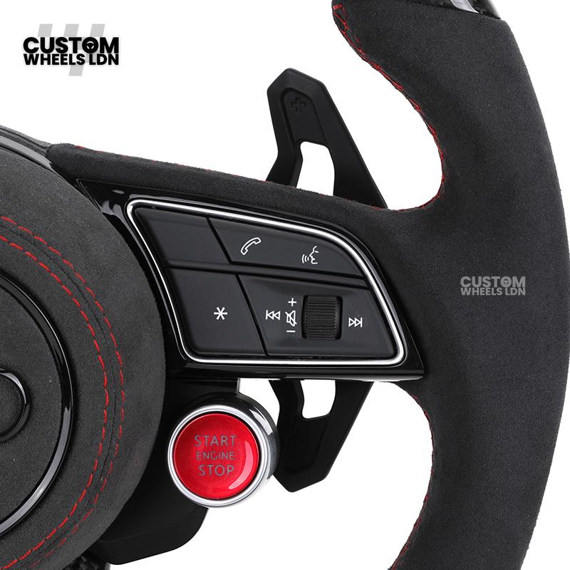 Audi Custom B9 Flat Bottom Steering Wheel – Alcantara Grip, Carbon Top & Bottom, Red Stitching, Black Paddles, Start Button | Fits A4, S4, A5, S5, Q5, SQ5, A6, A7, S6, S7 + more | Plug & Play | With Airbag | Upgrade for Older Models Available