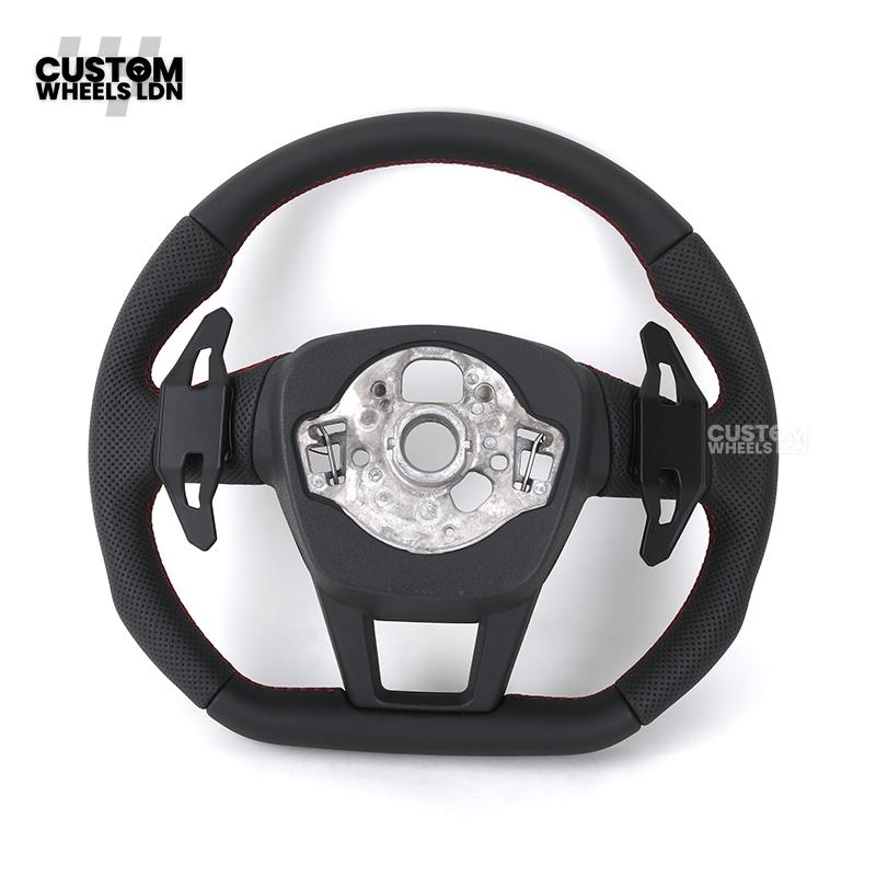 Audi Custom S-Line Flat Bottom Steering Wheel – Black Leather, Red Stitching, Urus Paddles | Fits A1, A3, S3, A4, A5, S5, Q2, Q3, Q5, SQ5 + more | Plug & Play | With Airbag