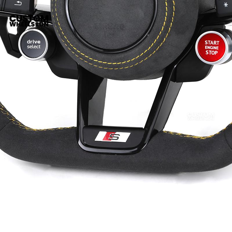 Audi Custom R8-Style Flat Bottom Steering Wheel – Alcantara Grip, Yellow Stitching, Black Paddles, Start Button | Fits A4, A5, S5, A6, A7, S6, S7, Q5, SQ5 + more | Plug & Play | With Airbag | Upgrade for Older Models Available