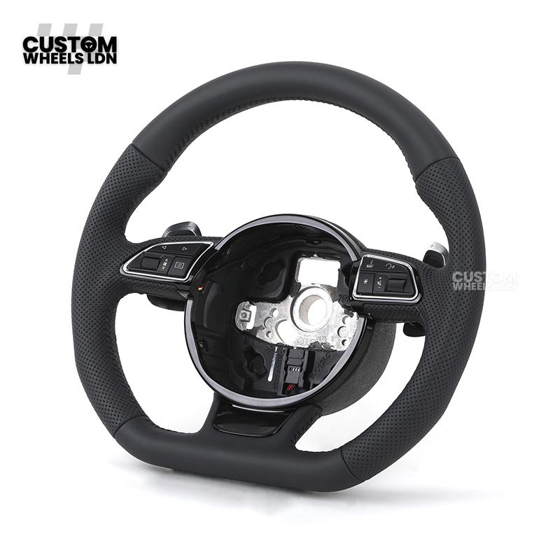 Audi Custom 8V Round Steering Wheel – Black Leather, Perforated Grips, Silver Paddles, Chrome Trim | Fits A3, S3, RS3 8V, A1, Q2, TT + more | Plug & Play | With Airbag | Upgrade for Older Models Available