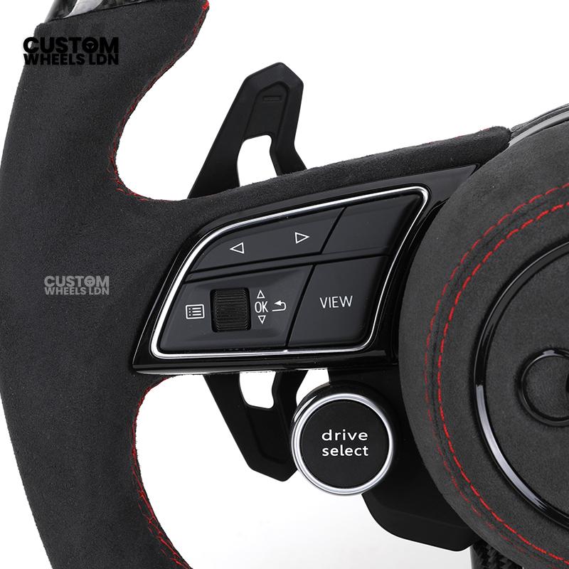 Audi Custom B9 Flat Bottom Steering Wheel – Alcantara Grip, Carbon Top & Bottom, Red Stitching, Black Paddles, Start Button | Fits A4, S4, A5, S5, Q5, SQ5, A6, A7, S6, S7 + more | Plug & Play | With Airbag | Upgrade for Older Models Available