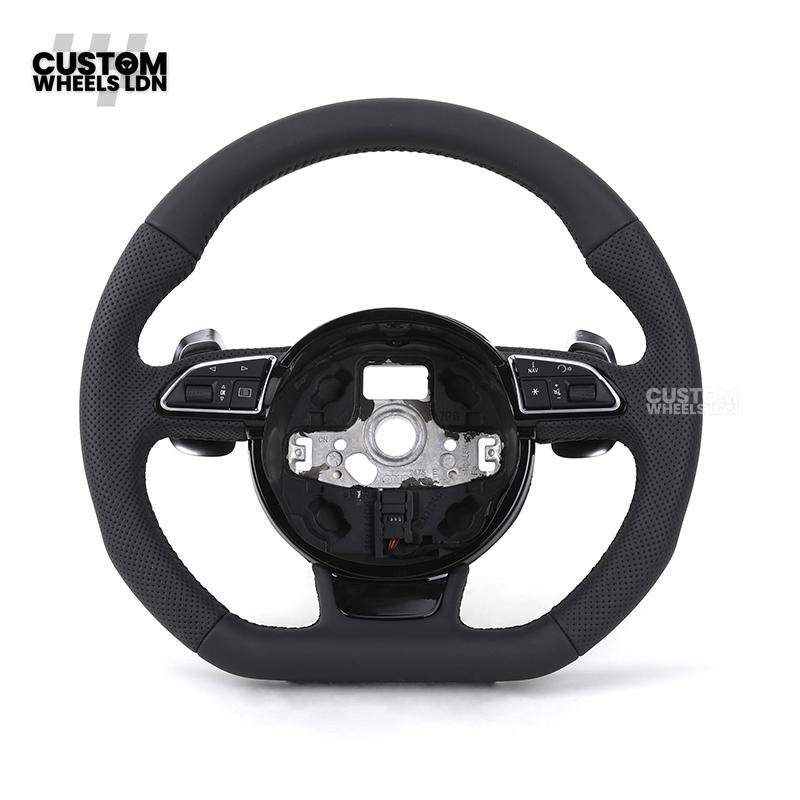Audi Custom 8V Round Steering Wheel – Black Leather, Perforated Grips, Silver Paddles, Chrome Trim | Fits A3, S3, RS3 8V, A1, Q2, TT + more | Plug & Play | With Airbag | Upgrade for Older Models Available