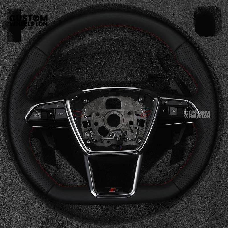Audi Custom S-Line Flat Bottom Steering Wheel – Black Leather, Red Stitching, Urus Paddles | Fits A1, A3, S3, A4, A5, S5, Q2, Q3, Q5, SQ5 + more | Plug & Play | With Airbag