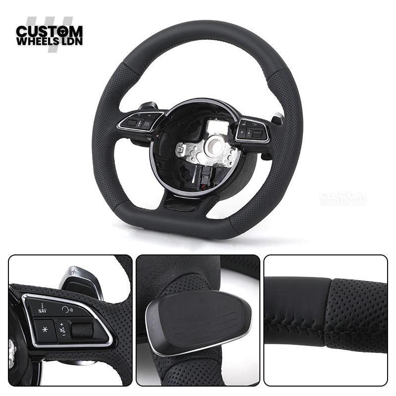 Audi Custom 8V Round Steering Wheel – Black Leather, Perforated Grips, Silver Paddles, Chrome Trim | Fits A3, S3, RS3 8V, A1, Q2, TT + more | Plug & Play | With Airbag | Upgrade for Older Models Available