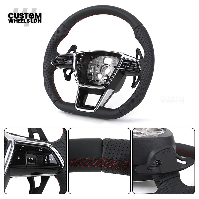 Audi Custom S-Line Flat Bottom Steering Wheel – Black Leather, Red Stitching, Urus Paddles | Fits A1, A3, S3, A4, A5, S5, Q2, Q3, Q5, SQ5 + more | Plug & Play | With Airbag