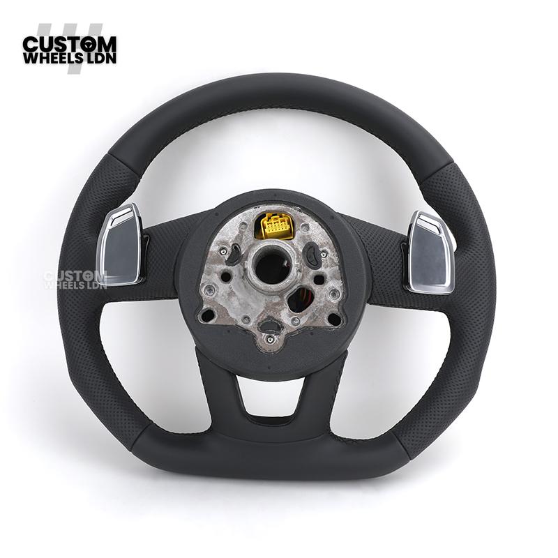 Audi Custom B9 Flat Bottom Steering Wheel – Black Leather, Silver Paddles, S Badge | Fits A4, S4, A5, S5, Q5, SQ5, A6, A7 + more | Plug & Play | With Airbag | Upgrade for Older Models Available