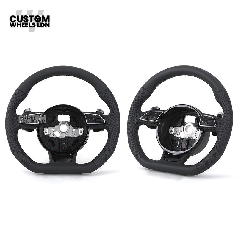 Audi Custom 8V Round Steering Wheel – Black Leather, Perforated Grips, Silver Paddles, Chrome Trim | Fits A3, S3, RS3 8V, A1, Q2, TT + more | Plug & Play | With Airbag | Upgrade for Older Models Available