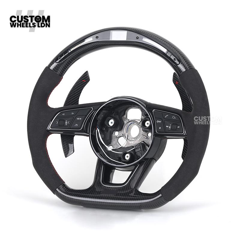 Audi Custom B9 Flat Bottom Steering Wheel – LED Rev Display, Alcantara Grip, Carbon Top & Bottom, Carbon Paddles | Fits A3, S3, RS3, A4, S4, A5, S5, Q5, SQ5, A6, A7 + more | Plug & Play | With Airbag | Upgrade for Older Models Available