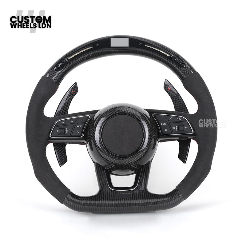 Audi Custom B9 Flat Bottom Steering Wheel – LED Rev Display, Alcantara Grip, Carbon Top & Bottom, Carbon Paddles | Fits A3, S3, RS3, A4, S4, A5, S5, Q5, SQ5, A6, A7 + more | Plug & Play | With Airbag | Upgrade for Older Models Available