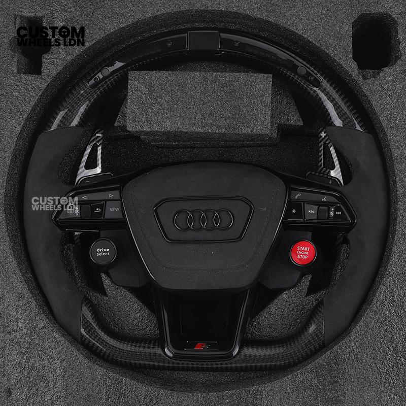Audi Custom Q/RS Series Flat Bottom Steering Wheel – LED Rev Display, Alcantara Grip, Carbon Top & Bottom, Carbon Paddles, Start Button | Fits Q3, Q5, SQ5, Q7, Q8, SQ8, RSQ8, A6, A7, A8 (D5) | Plug & Play | With Airbag