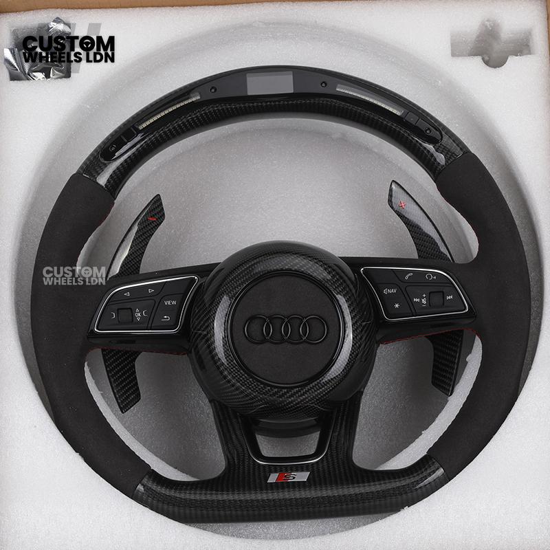 Audi Custom B9 Flat Bottom Steering Wheel – LED Rev Display, Alcantara Grip, Carbon Top & Bottom, Carbon Paddles | Fits A3, S3, RS3, A4, S4, A5, S5, Q5, SQ5, A6, A7 + more | Plug & Play | With Airbag | Upgrade for Older Models Available