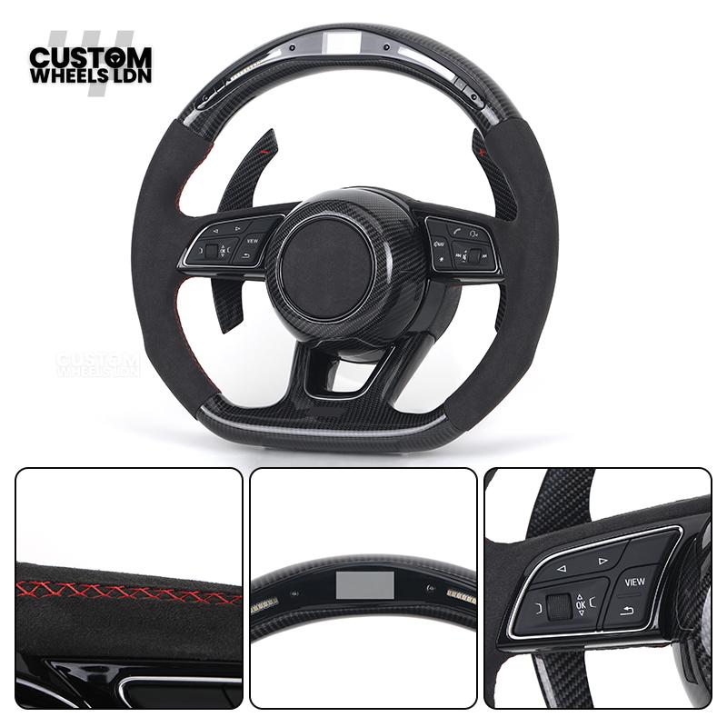 Audi Custom B9 Flat Bottom Steering Wheel – LED Rev Display, Alcantara Grip, Carbon Top & Bottom, Carbon Paddles | Fits A3, S3, RS3, A4, S4, A5, S5, Q5, SQ5, A6, A7 + more | Plug & Play | With Airbag | Upgrade for Older Models Available