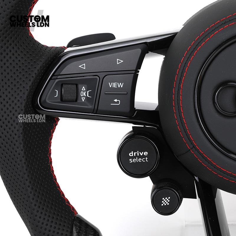 Audi Custom R8-Style Flat Bottom Steering Wheel – Carbon Top & Bottom, Red Stitching, Standard Paddles, Start Button | Fits A4, A5, S5, A6, A7, S6, S7, Q5, SQ5 + more | Plug & Play | With Airbag | Upgrade for Older Models Available