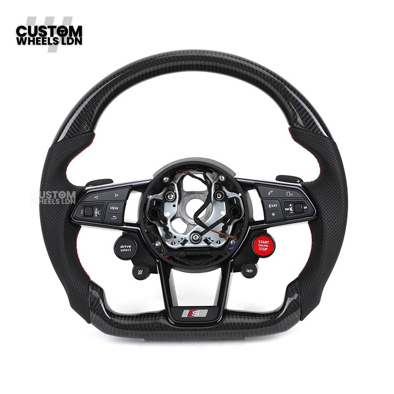 Audi Custom R8-Style Flat Bottom Steering Wheel – Carbon Top & Bottom, Red Stitching, Standard Paddles, Start Button | Fits A4, A5, S5, A6, A7, S6, S7, Q5, SQ5 + more | Plug & Play | With Airbag | Upgrade for Older Models Available