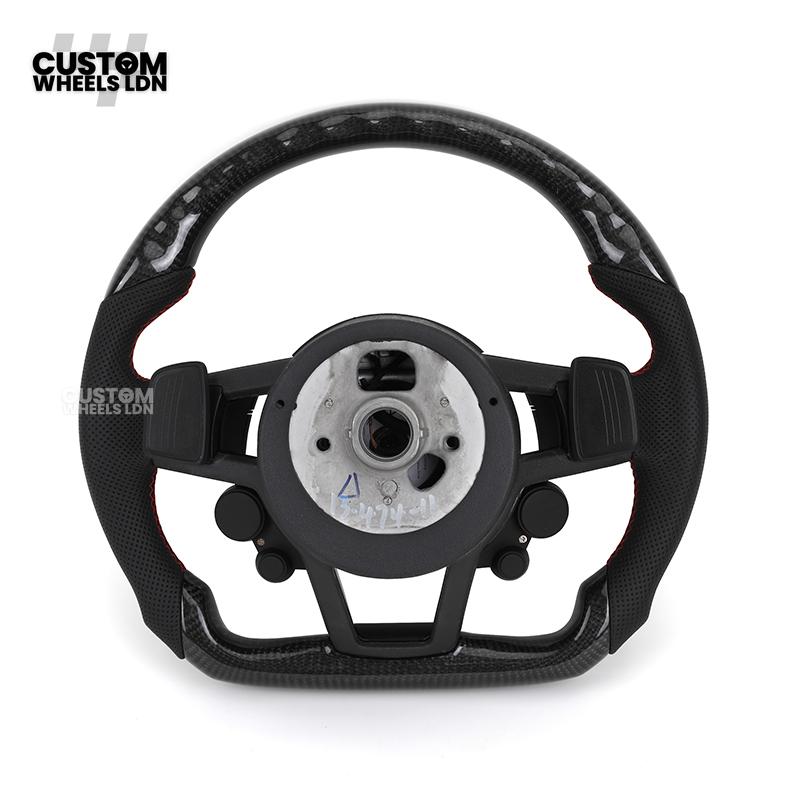 Audi Custom R8-Style Flat Bottom Steering Wheel – Carbon Top & Bottom, Red Stitching, Standard Paddles, Start Button | Fits A4, A5, S5, A6, A7, S6, S7, Q5, SQ5 + more | Plug & Play | With Airbag | Upgrade for Older Models Available