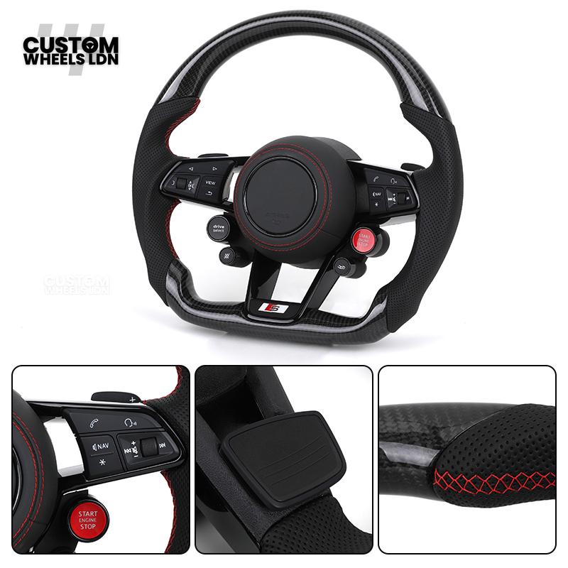 Audi Custom R8-Style Flat Bottom Steering Wheel – Carbon Top & Bottom, Red Stitching, Standard Paddles, Start Button | Fits A4, A5, S5, A6, A7, S6, S7, Q5, SQ5 + more | Plug & Play | With Airbag | Upgrade for Older Models Available