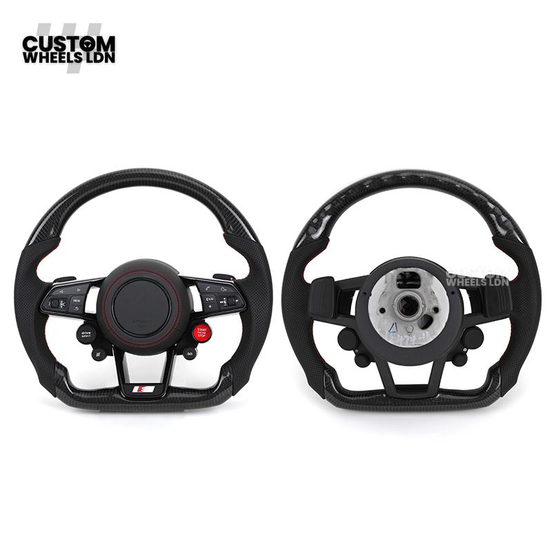 Audi Custom R8-Style Flat Bottom Steering Wheel – Carbon Top & Bottom, Red Stitching, Standard Paddles, Start Button | Fits A4, A5, S5, A6, A7, S6, S7, Q5, SQ5 + more | Plug & Play | With Airbag | Upgrade for Older Models Available
