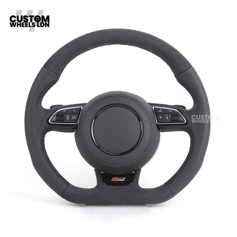 Audi 8V Custom S-Line Flat Bottom Steering Wheel – Black Leather, Black Stitching, Silver Paddles, S-Line Badge | Fits A1, A3, S3, A4, A5, Q2, Q3, Q5 + more | Plug & Play | With Airbag | Upgrade for Older Models Available