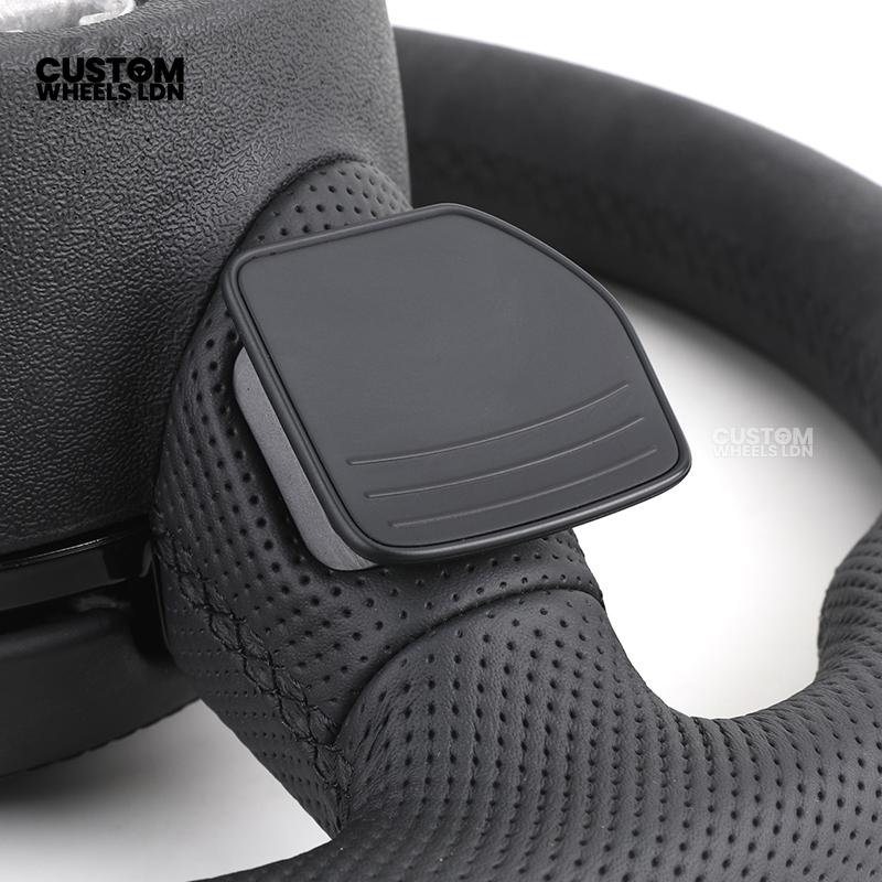 Audi 8V Custom S-Line Flat Bottom Steering Wheel – Black Leather, Black Stitching, Silver Paddles, S-Line Badge | Fits A1, A3, S3, A4, A5, Q2, Q3, Q5 + more | Plug & Play | With Airbag | Upgrade for Older Models Available