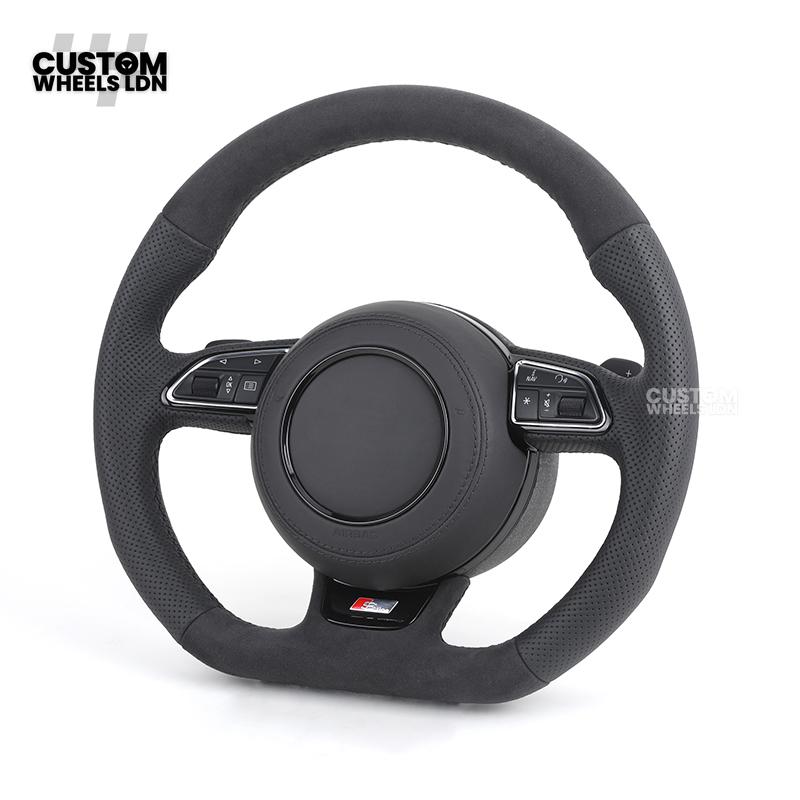 Audi 8V Custom S-Line Flat Bottom Steering Wheel – Black Leather, Black Stitching, Silver Paddles, S-Line Badge | Fits A1, A3, S3, A4, A5, Q2, Q3, Q5 + more | Plug & Play | With Airbag | Upgrade for Older Models Available