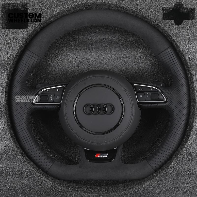 Audi 8V Custom S-Line Flat Bottom Steering Wheel – Black Leather, Black Stitching, Silver Paddles, S-Line Badge | Fits A1, A3, S3, A4, A5, Q2, Q3, Q5 + more | Plug & Play | With Airbag | Upgrade for Older Models Available