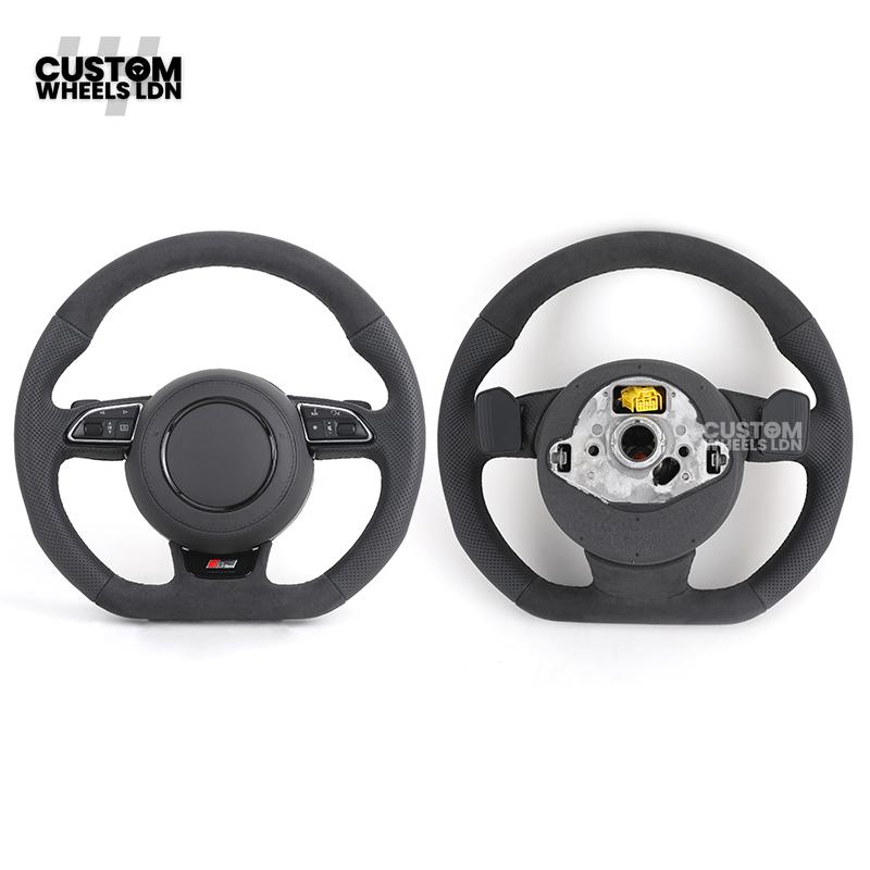 Audi 8V Custom S-Line Flat Bottom Steering Wheel – Black Leather, Black Stitching, Silver Paddles, S-Line Badge | Fits A1, A3, S3, A4, A5, Q2, Q3, Q5 + more | Plug & Play | With Airbag | Upgrade for Older Models Available