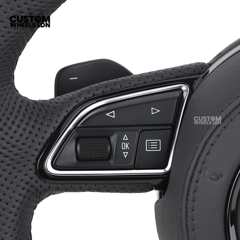 Audi 8V Custom S-Line Flat Bottom Steering Wheel – Black Leather, Black Stitching, Silver Paddles, S-Line Badge | Fits A1, A3, S3, A4, A5, Q2, Q3, Q5 + more | Plug & Play | With Airbag | Upgrade for Older Models Available