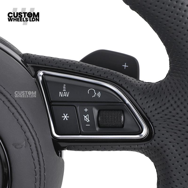 Audi 8V Custom S-Line Flat Bottom Steering Wheel – Black Leather, Black Stitching, Silver Paddles, S-Line Badge | Fits A1, A3, S3, A4, A5, Q2, Q3, Q5 + more | Plug & Play | With Airbag | Upgrade for Older Models Available