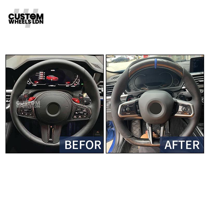 BMW Custom i5 G60 Flat Bottom Steering Wheel – Carbon Fiber, BMW M Stripe, Silver Trim, Perforated Leather Grips | Fits G20 3 Series, G22 4 Series, G30 5 Series + more | Plug & Play | Retrofit Upgrade for Older Models