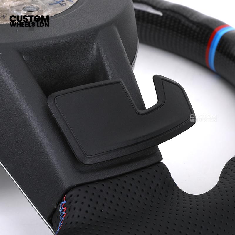 BMW Custom i5 G60 Flat Bottom Steering Wheel – Carbon Fiber, BMW M Stripe, Silver Trim, Perforated Leather Grips | Fits G20 3 Series, G22 4 Series, G30 5 Series + more | Plug & Play | Retrofit Upgrade for Older Models