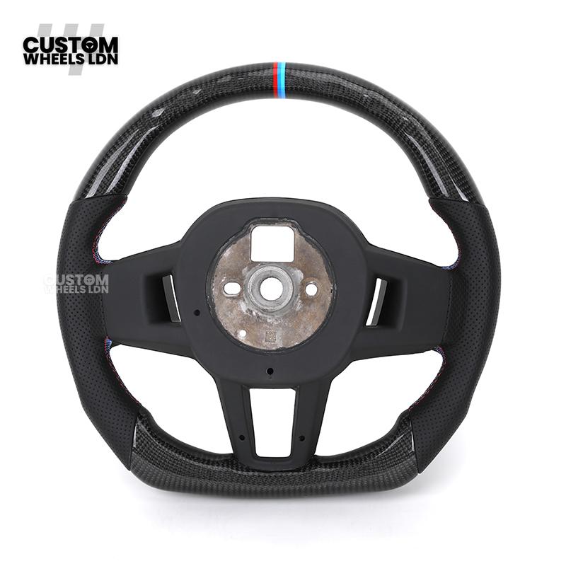 BMW Custom i5 G60 Flat Bottom Steering Wheel – Carbon Fiber, BMW M Stripe, Black Trim, Perforated Leather Grips | Fits G20 3 Series, G22 4 Series, G30 5 Series + more | Plug & Play | Retrofit Upgrade for Older Models