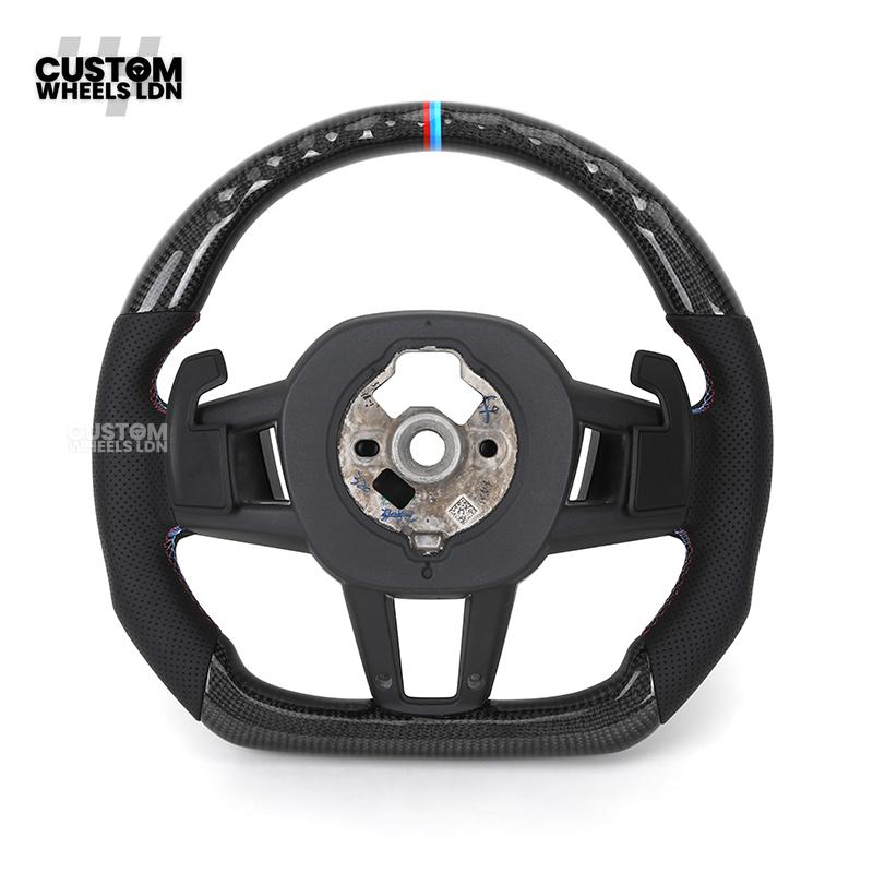 BMW Custom i5 G60 Flat Bottom Steering Wheel – Carbon Fiber, BMW M Stripe, Silver Trim, Perforated Leather Grips | Fits G20 3 Series, G22 4 Series, G30 5 Series + more | Plug & Play | Retrofit Upgrade for Older Models