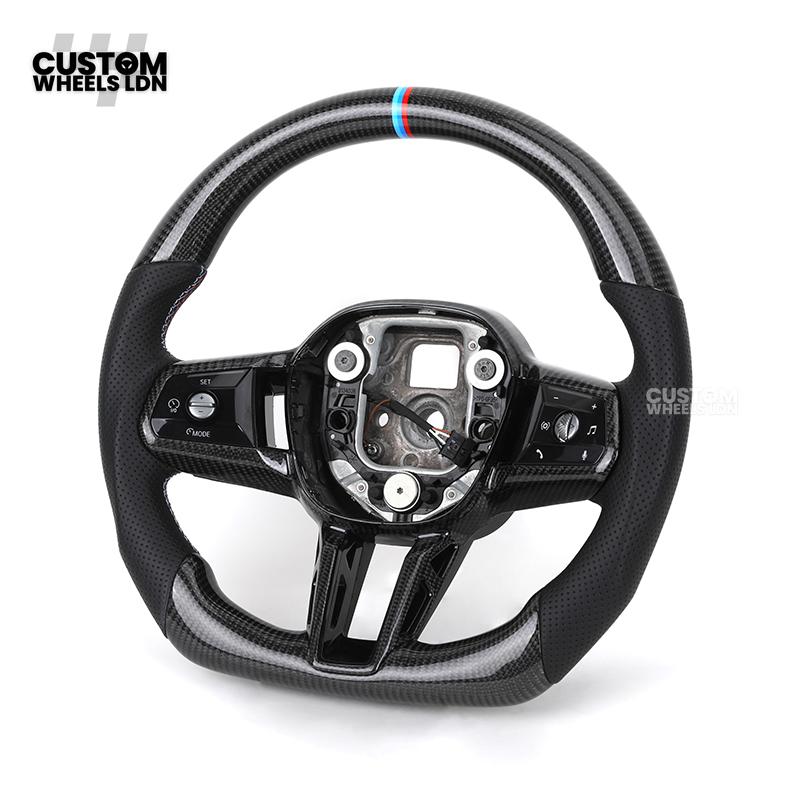 BMW Custom i5 G60 Flat Bottom Steering Wheel – Carbon Fiber, BMW M Stripe, Black Trim, Perforated Leather Grips | Fits G20 3 Series, G22 4 Series, G30 5 Series + more | Plug & Play | Retrofit Upgrade for Older Models