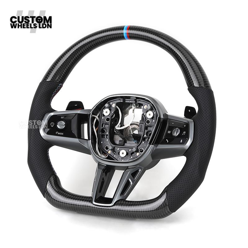 BMW Custom i5 G60 Flat Bottom Steering Wheel – Carbon Fiber, BMW M Stripe, Silver Trim, Perforated Leather Grips | Fits G20 3 Series, G22 4 Series, G30 5 Series + more | Plug & Play | Retrofit Upgrade for Older Models