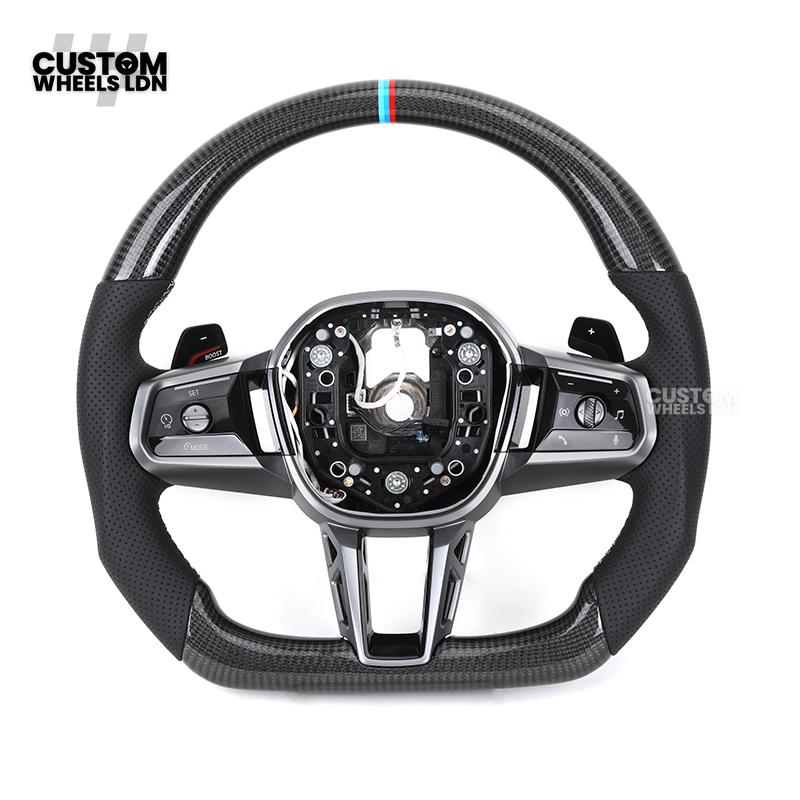 BMW Custom i5 G60 Flat Bottom Steering Wheel – Carbon Fiber, BMW M Stripe, Silver Trim, Perforated Leather Grips | Fits G20 3 Series, G22 4 Series, G30 5 Series + more | Plug & Play | Retrofit Upgrade for Older Models