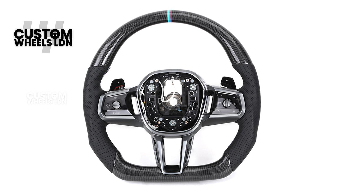 BMW Custom i5 G60 Flat Bottom Steering Wheel – Carbon Fiber, BMW M Stripe, Silver Trim, Perforated Leather Grips | Fits G20 3 Series, G22 4 Series, G30 5 Series + more | Plug & Play | Retrofit Upgrade for Older Models
