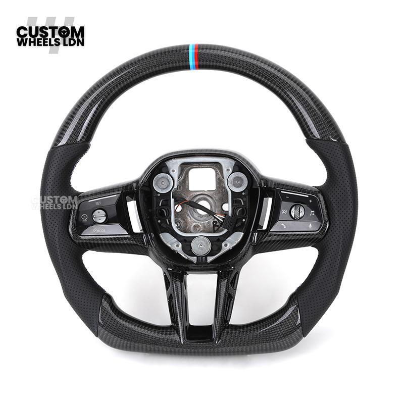 BMW Custom i5 G60 Flat Bottom Steering Wheel – Carbon Fiber, BMW M Stripe, Black Trim, Perforated Leather Grips | Fits G20 3 Series, G22 4 Series, G30 5 Series + more | Plug & Play | Retrofit Upgrade for Older Models