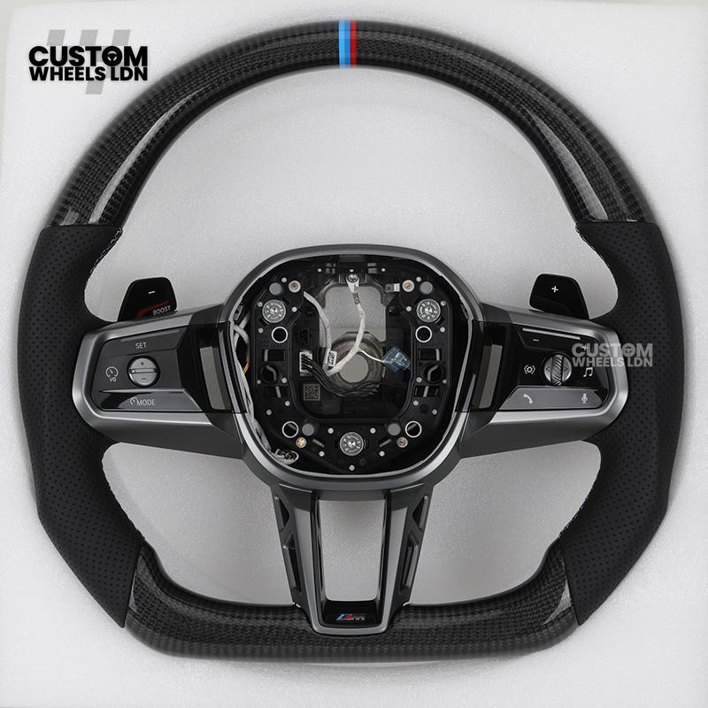 BMW Custom i5 G60 Flat Bottom Steering Wheel – Carbon Fiber, BMW M Stripe, Silver Trim, Perforated Leather Grips | Fits G20 3 Series, G22 4 Series, G30 5 Series + more | Plug & Play | Retrofit Upgrade for Older Models