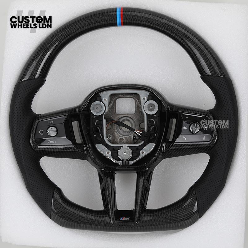 BMW Custom i5 G60 Flat Bottom Steering Wheel – Carbon Fiber, BMW M Stripe, Black Trim, Perforated Leather Grips | Fits G20 3 Series, G22 4 Series, G30 5 Series + more | Plug & Play | Retrofit Upgrade for Older Models
