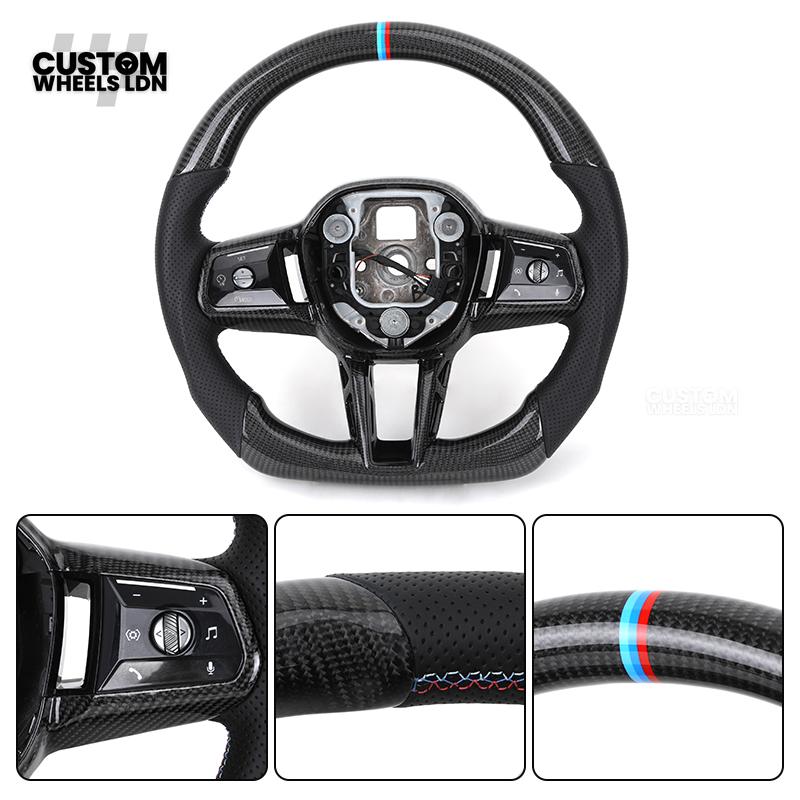 BMW Custom i5 G60 Flat Bottom Steering Wheel – Carbon Fiber, BMW M Stripe, Black Trim, Perforated Leather Grips | Fits G20 3 Series, G22 4 Series, G30 5 Series + more | Plug & Play | Retrofit Upgrade for Older Models
