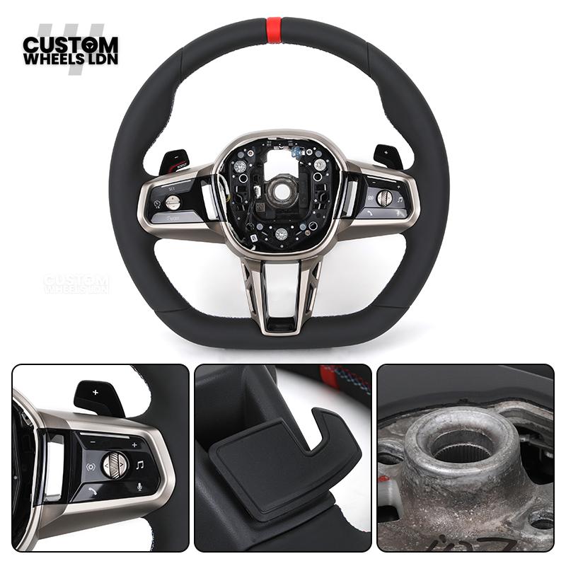 BMW Custom Steering Wheel – G42 G87 Style, Smooth Black Leather, Red Centre Stripe, Gloss Black & Satin Silver Trim, Touch Controls | Fits G20 3 Series, G42 2 Series, G87 M2 + more | Plug & Play | Retrofit Upgrade for Older Models